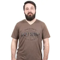 Man wearing a brown Lucky Scruff tee